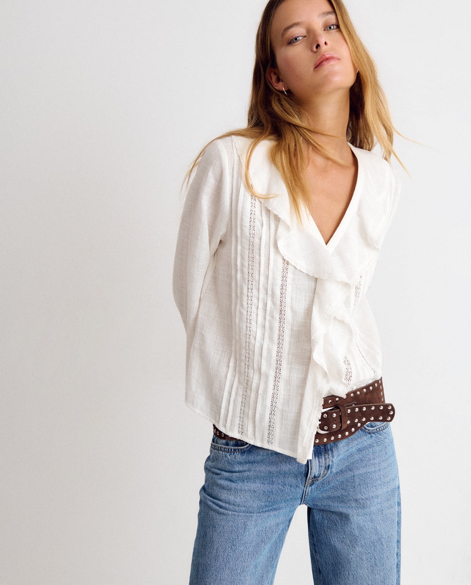 Blusa de mujer con volantes y lurex - Brownie - Blanco Blanco-4