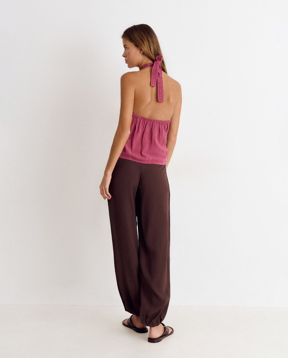 Top de mujer con cuello halter y crochet - Brownie - Rosa Rosa-2