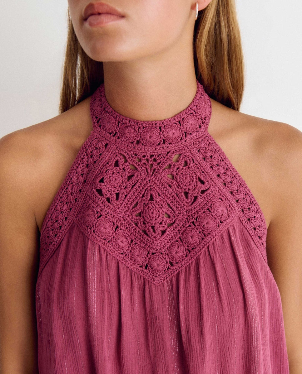 Top de mujer con cuello halter y crochet - Brownie - Rosa Rosa-4