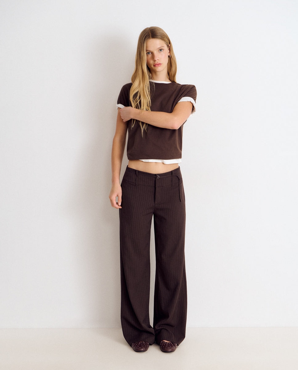 Pantalón recto de mujer con raya diplomática y cintura ancha - Brownie - Marrón Marrón-1