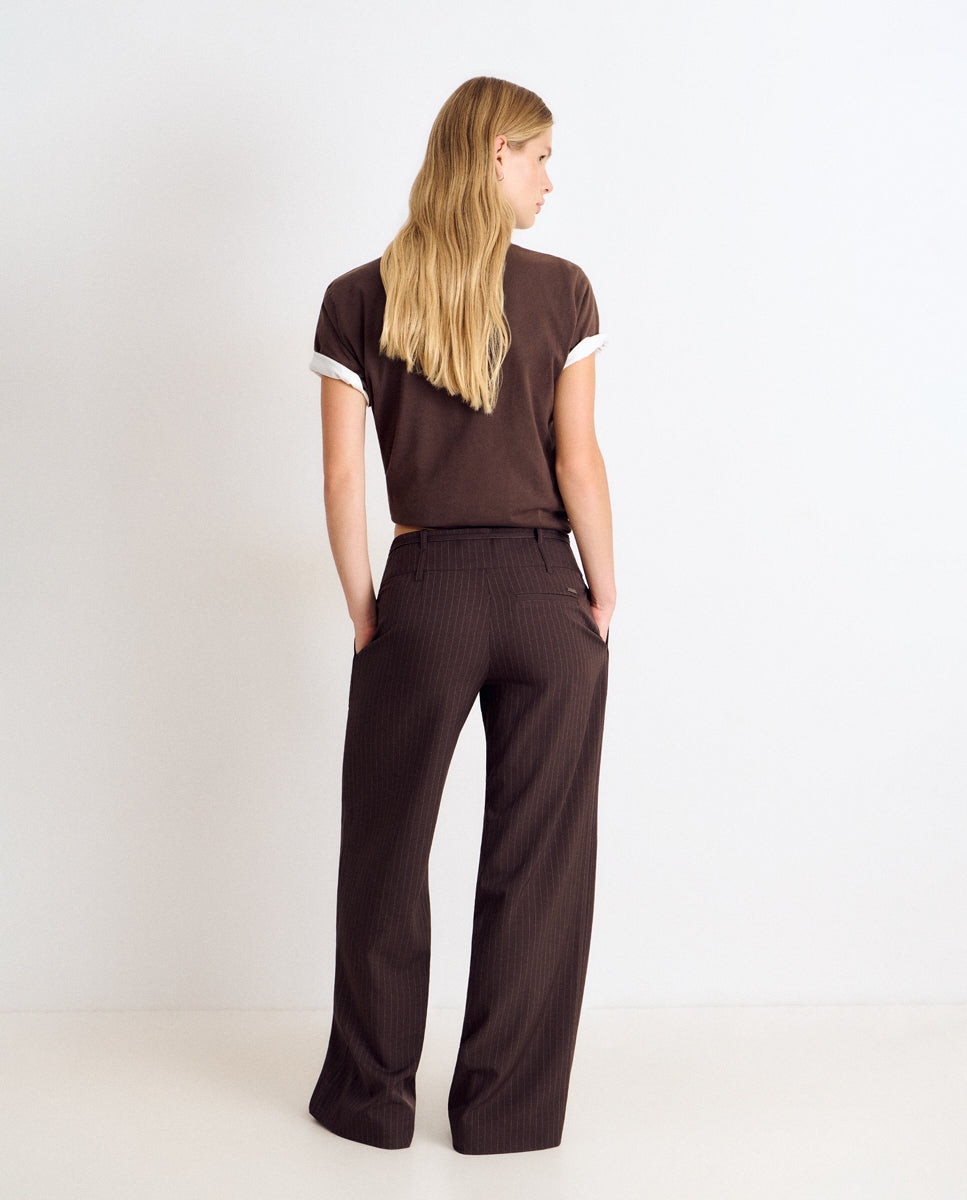 Pantalón recto de mujer con raya diplomática y cintura ancha - Brownie - Marrón Marrón-2