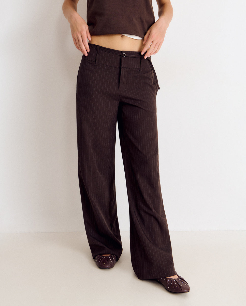 Pantalón recto de mujer con raya diplomática y cintura ancha - Brownie - Marrón Marrón-3