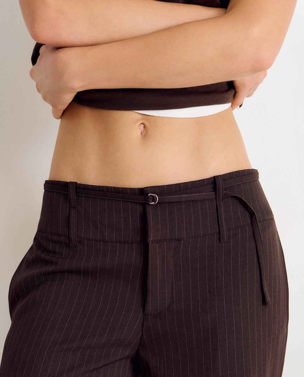 Pantalón recto de mujer con raya diplomática y cintura ancha - Brownie - Marrón Marrón-4