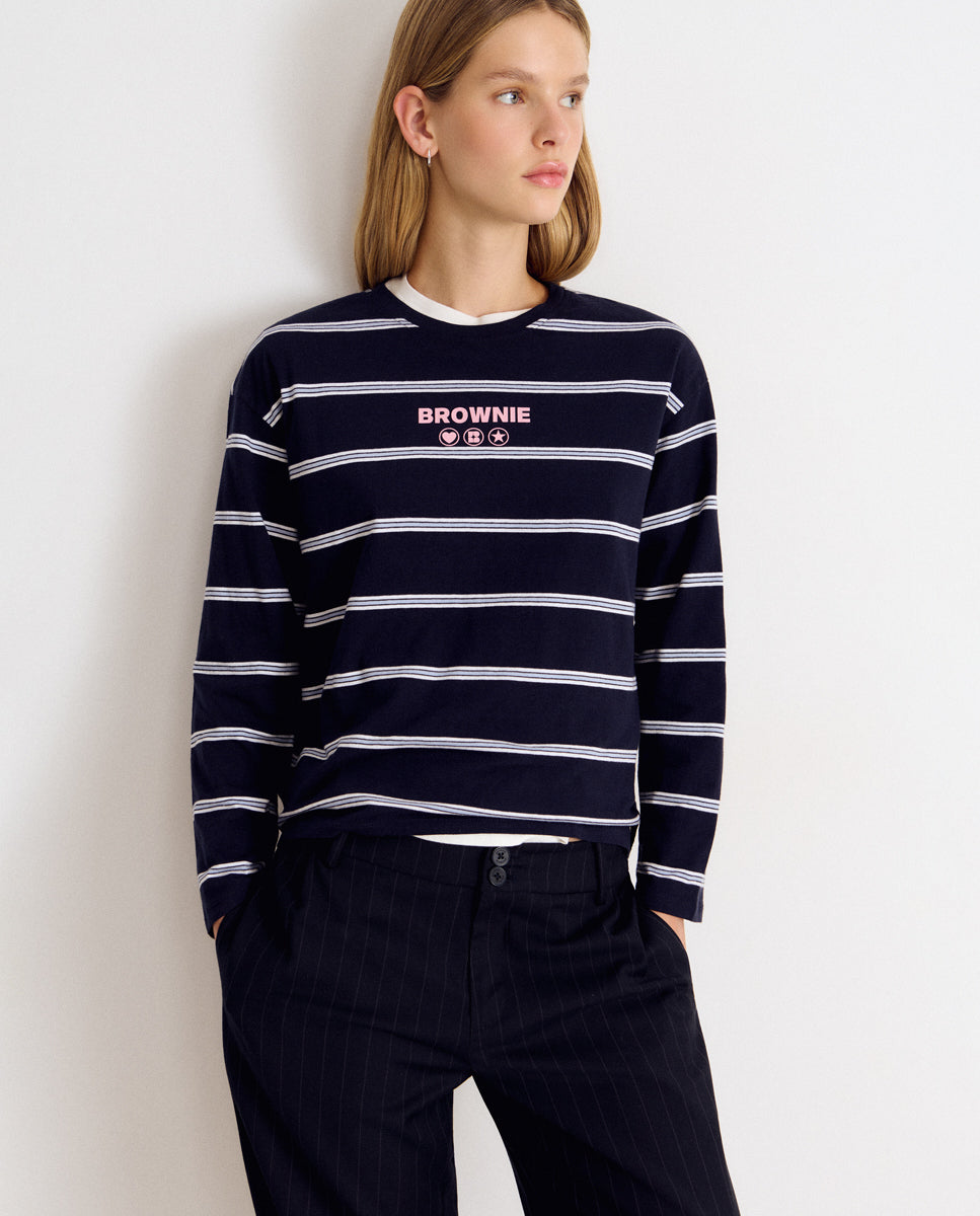 Camiseta de mujer de rayas con logo en la espalda - Brownie - Azul Azul-2
