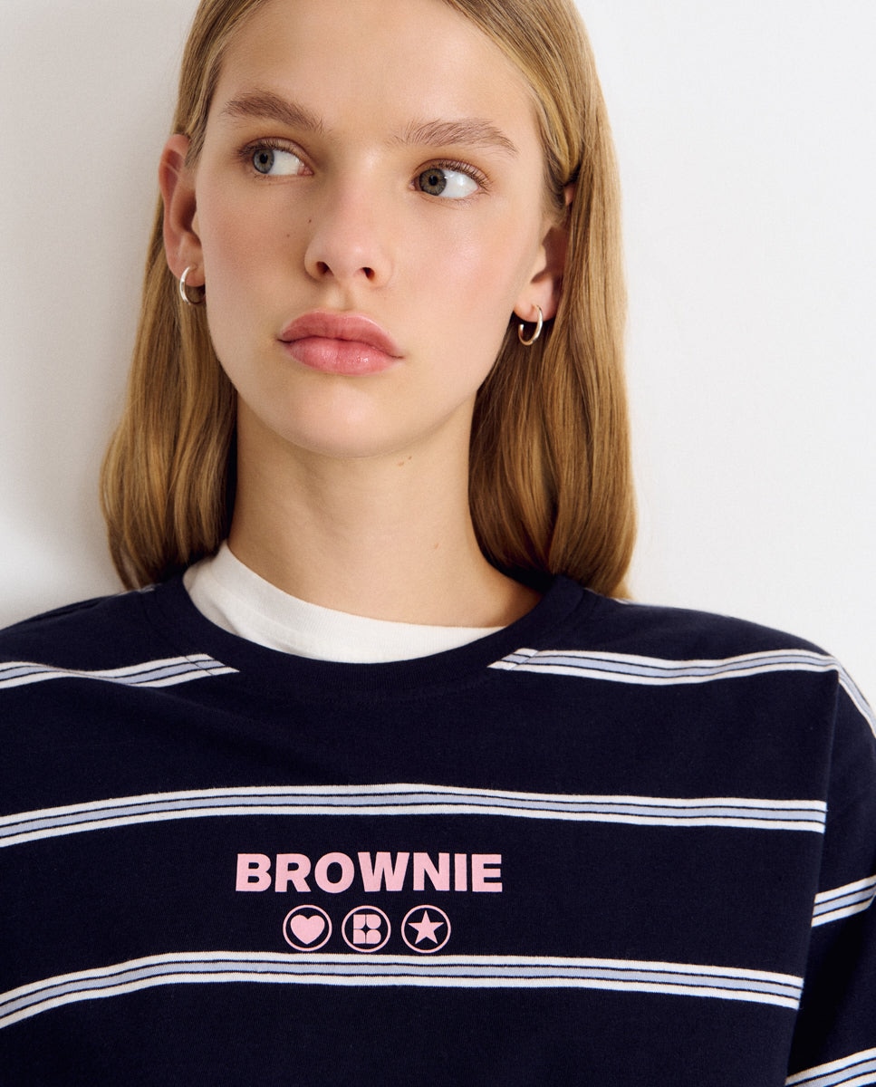 Camiseta de mujer de rayas con logo en la espalda - Brownie - Azul Azul-4