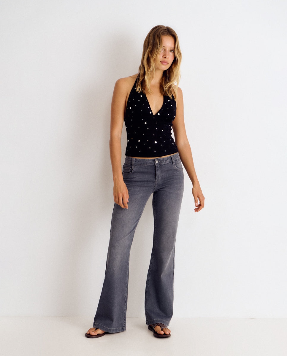 Pantalón campana de mujer con bolsillos - Brownie - Gris Gris-1