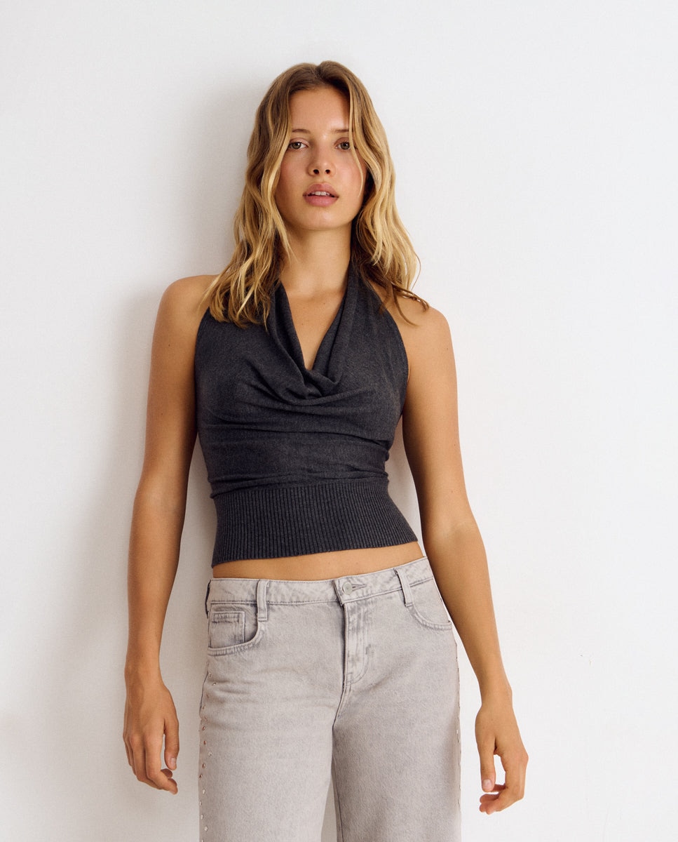 Top de mujer con escote cascada - Brownie - Gris Gris-1