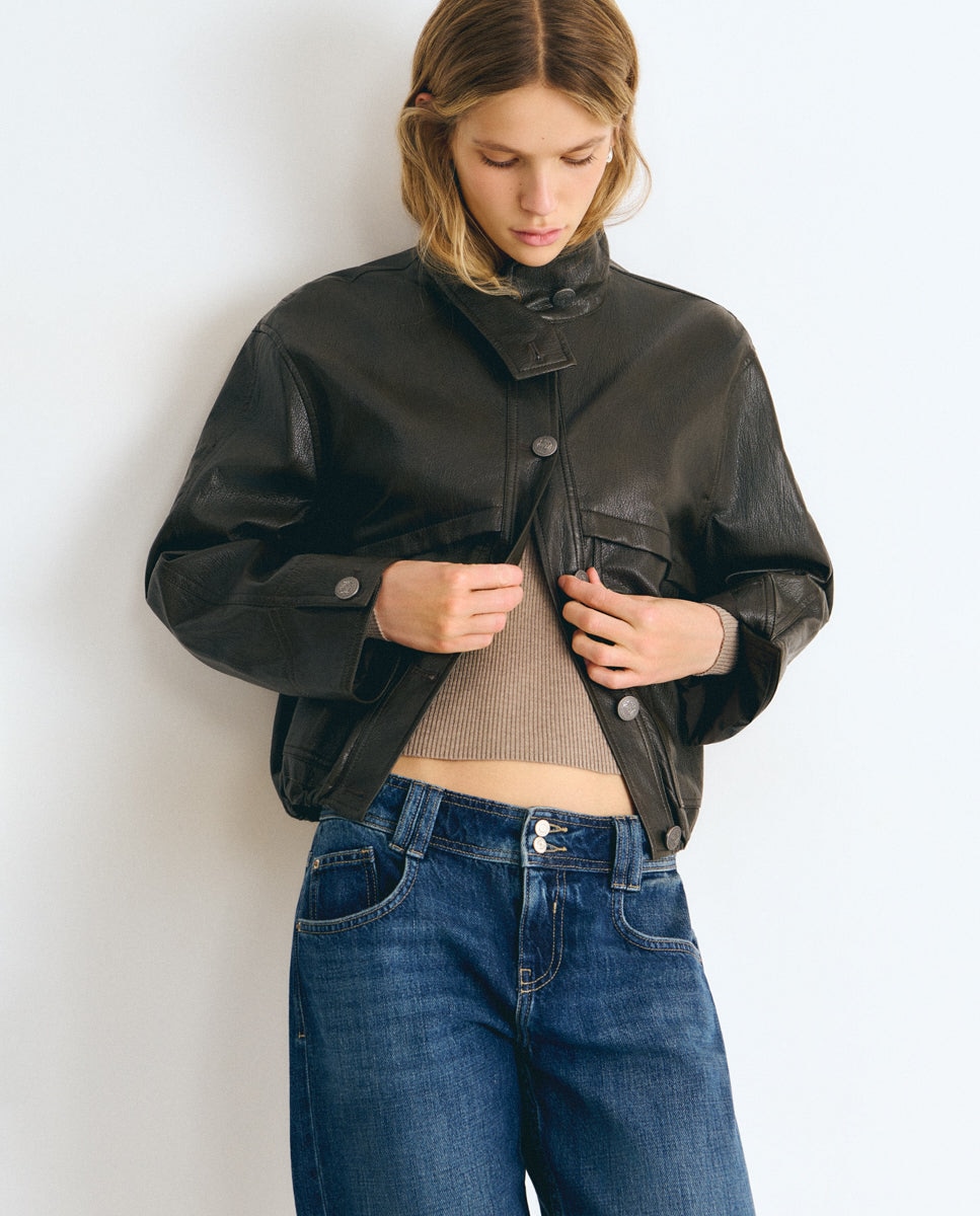 Chaqueta bomber de mujer efecto piel - Brownie - Kaki Kaki-1
