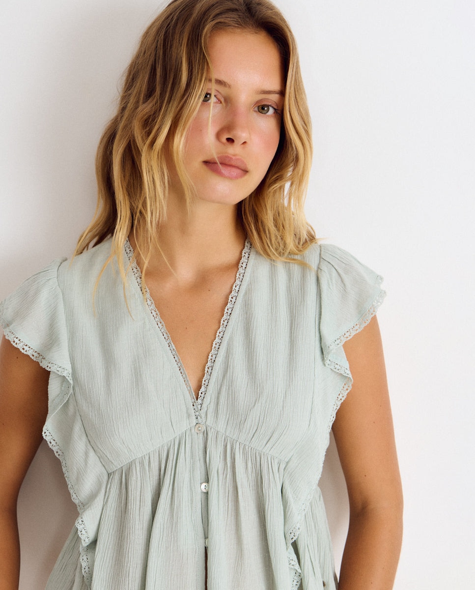 Blusa de mujer con volantes y puntilla - Brownie - Verde Verde-1
