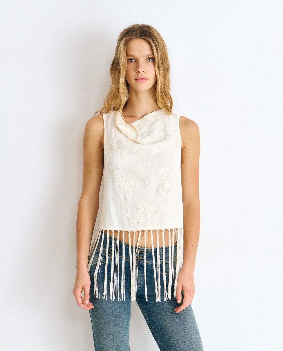 Imagen 0 de Top de mujer de tejido jacquard con flecos Crudo