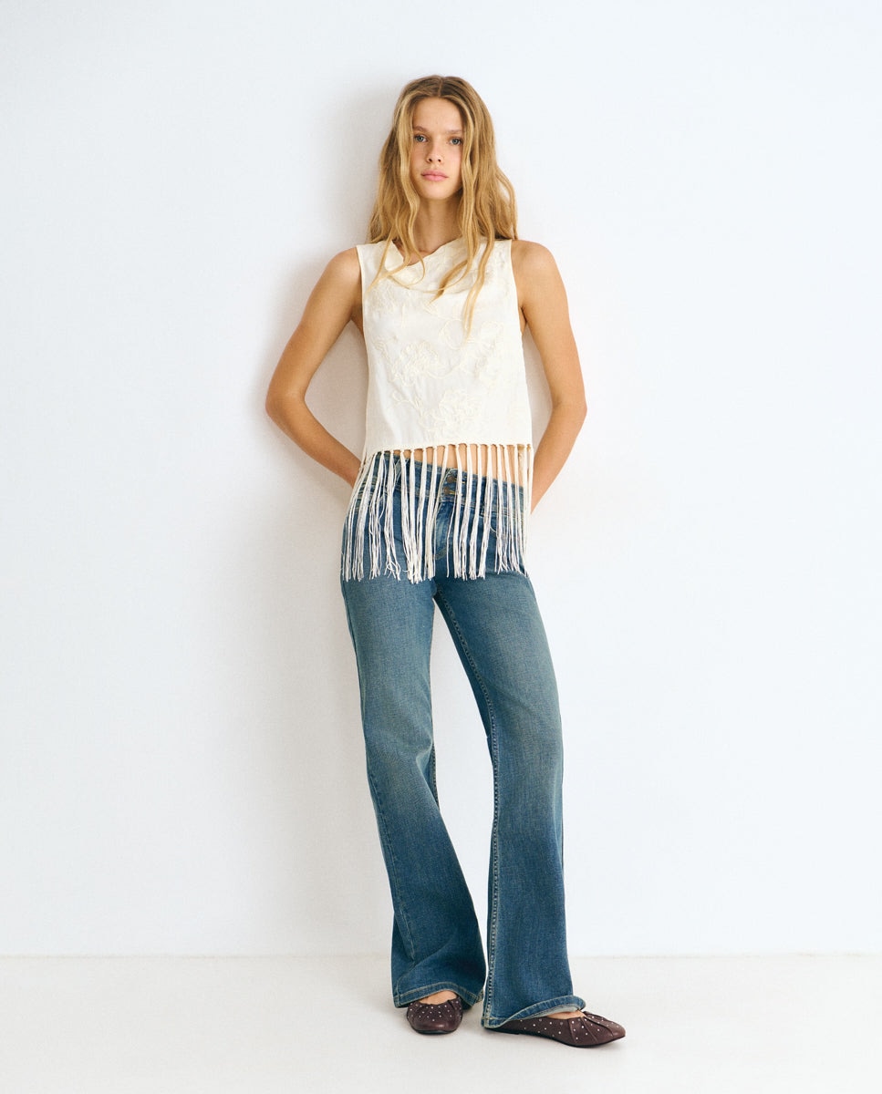 Top de mujer de tejido jacquard con flecos - Brownie - Crudo Crudo-3