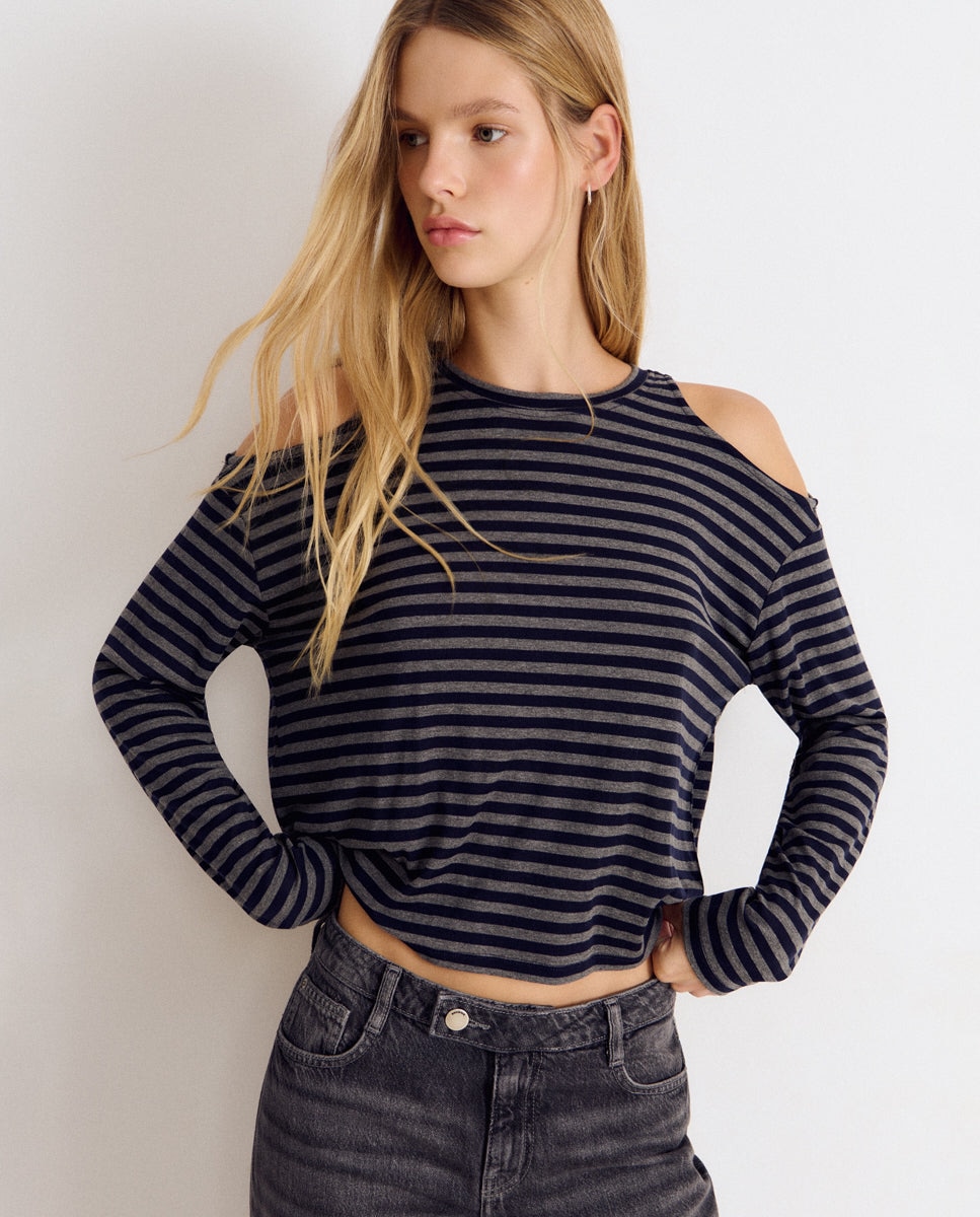 Camiseta de mujer de rayas con hombros descubiertos - Brownie - Gris Gris-1