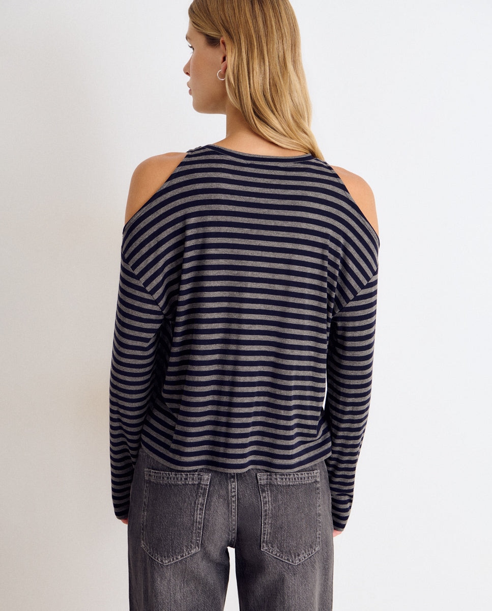 Camiseta de mujer de rayas con hombros descubiertos - Brownie - Gris Gris-2