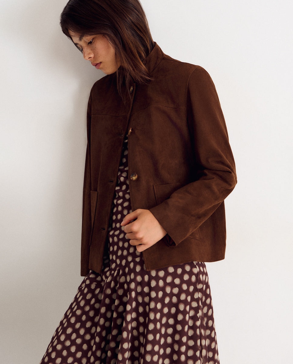 Chaqueta de mujer de piel de ante con cuello mao - Brownie - Marrón Marrón-1