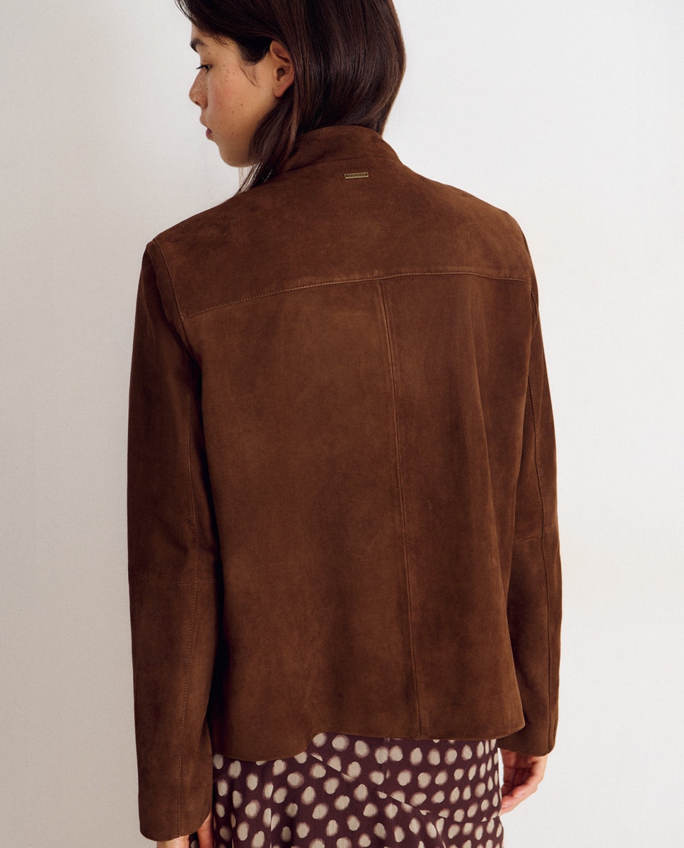 Chaqueta de mujer de piel de ante con cuello mao - Brownie - Marrón Marrón-2