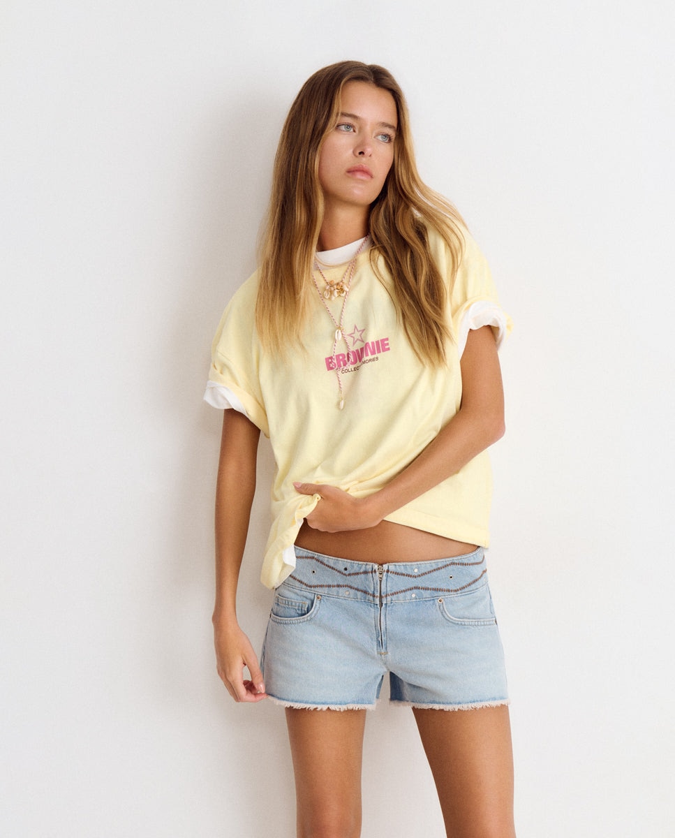 Short de mujer con cinturilla ancha bordada - Brownie - Azul Azul-1