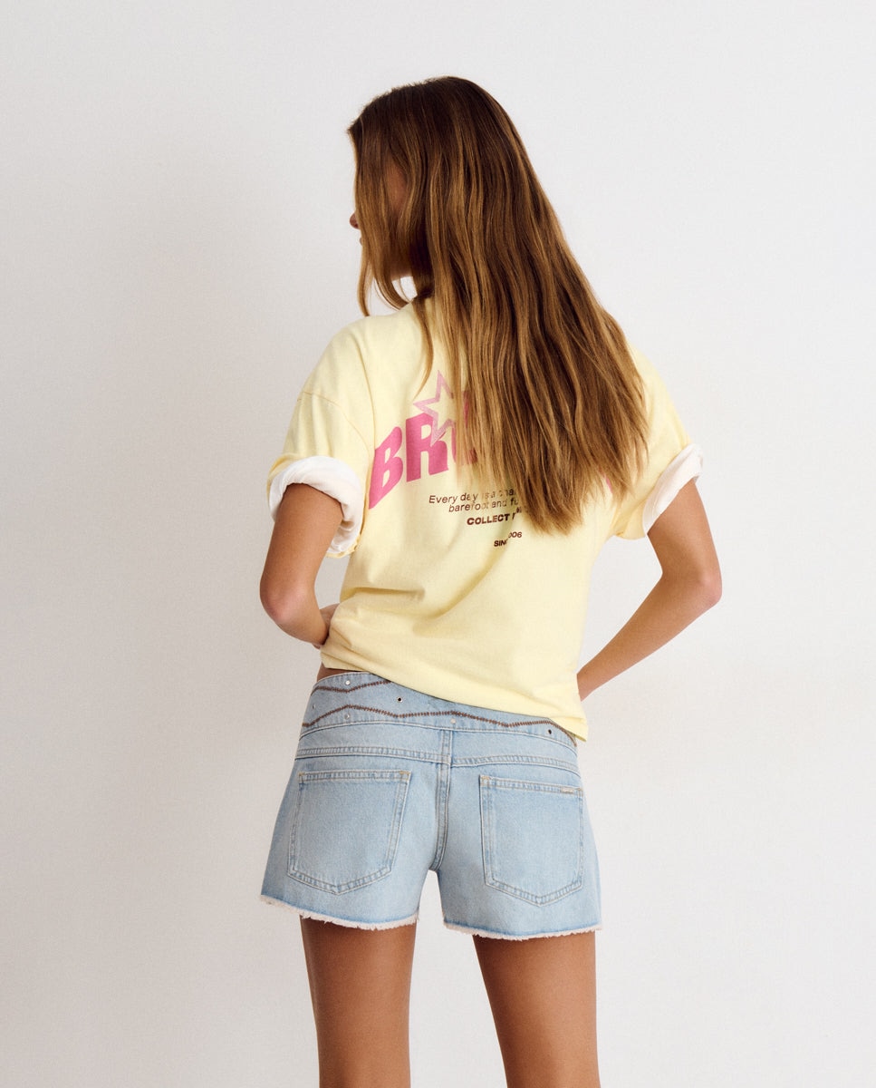 Short de mujer con cinturilla ancha bordada - Brownie - Azul Azul-2