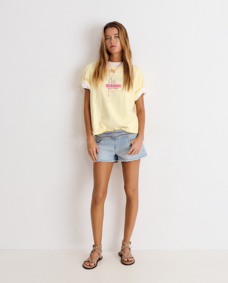 Short de mujer con cinturilla ancha bordada - Brownie - Azul Azul-3