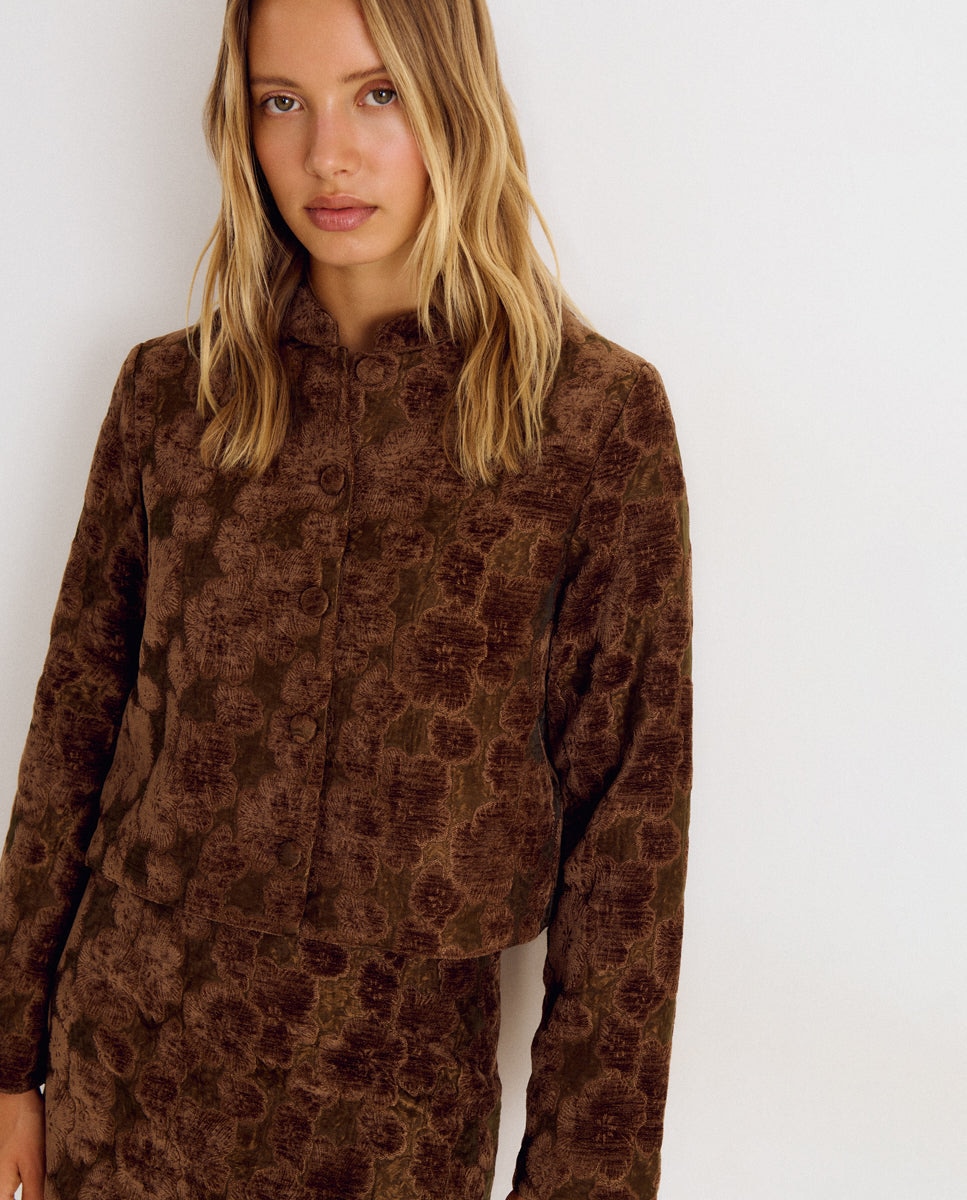 Chaqueta corta de mujer con flores - Brownie - Marrón Marrón-1