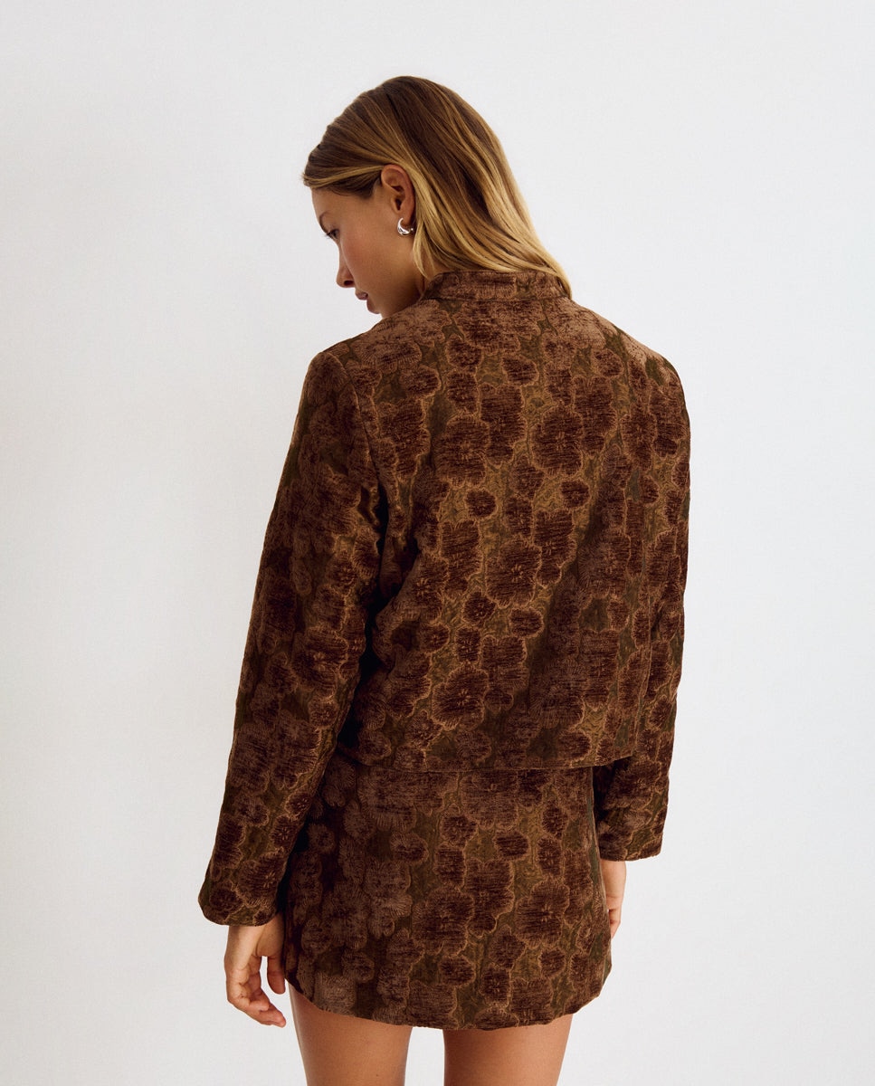 Chaqueta corta de mujer con flores - Brownie - Marrón Marrón-2