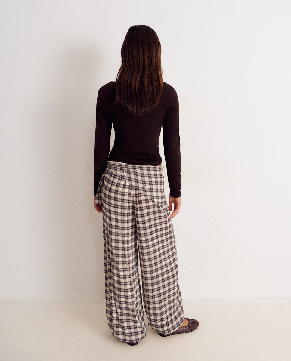 Pantalón ancho de mujer de cuadros con pañuelo - Brownie - Gris Gris-2