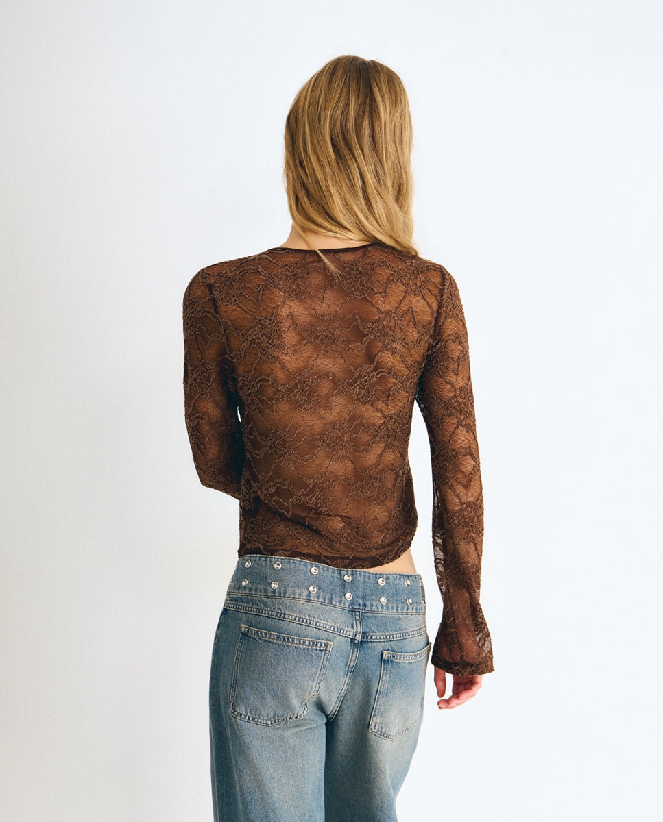 Camiseta de mujer con encaje y lazada - Brownie - Marrón Marrón-2