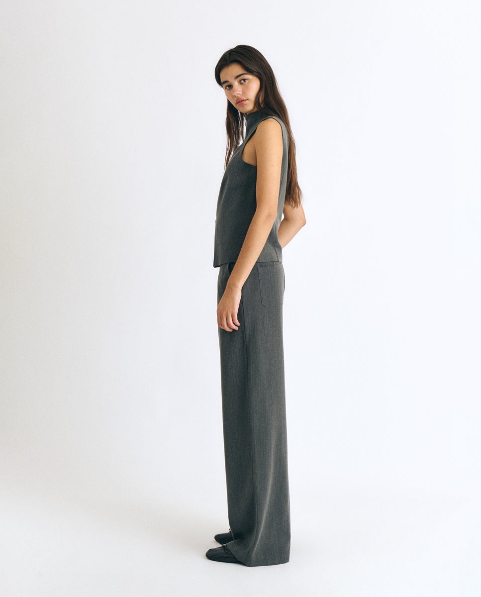 Pantalón recto de mujer con detalle de cremallera - Brownie - Gris Gris-3