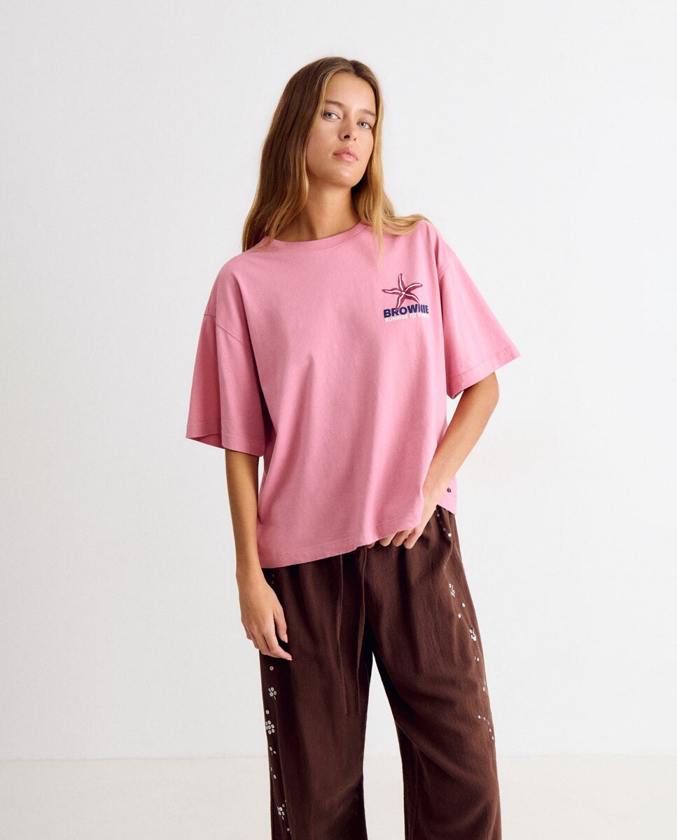 Camiseta de mujer con logo y estrellas - Brownie - Rosa Rosa-2