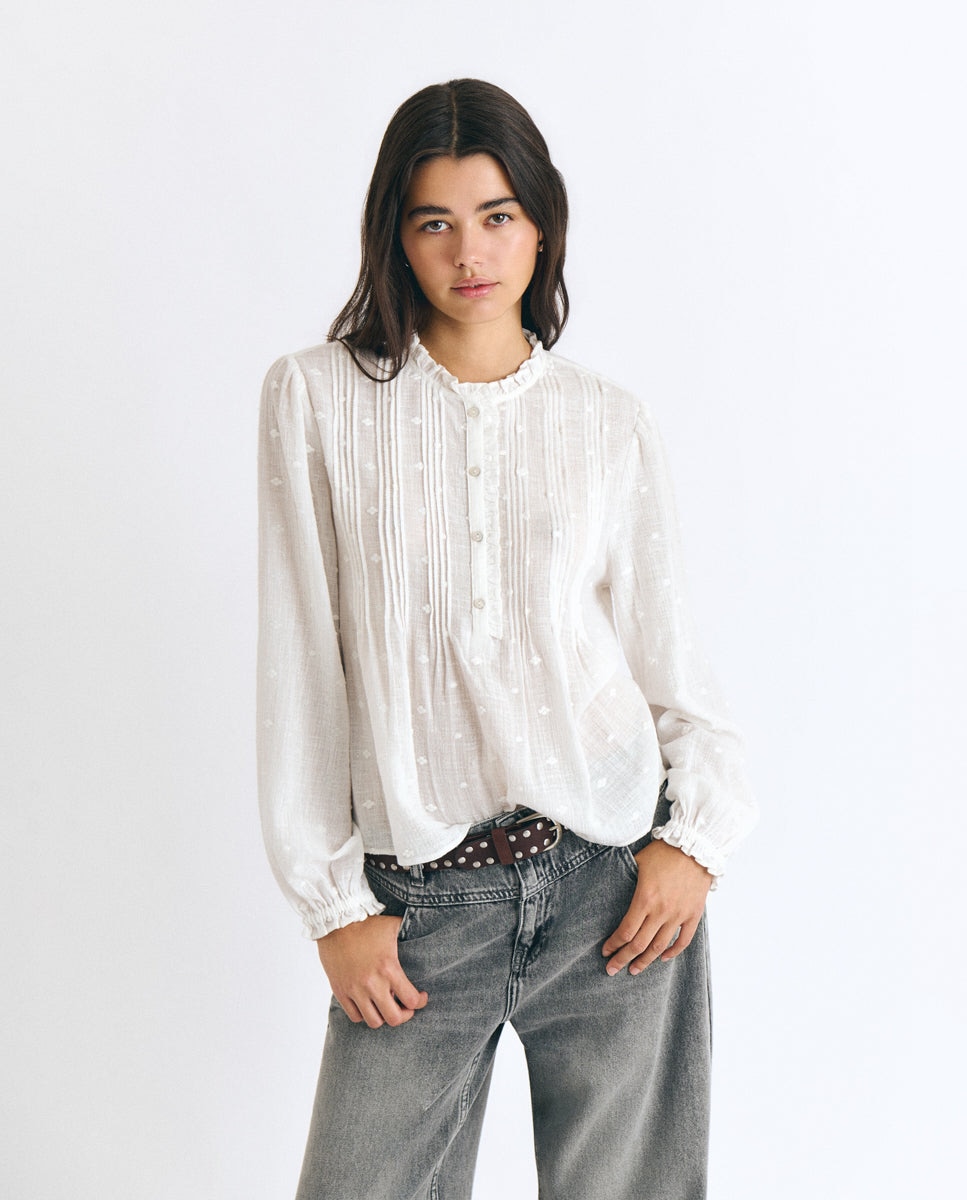Blusa de mujer de manga larga con jaretas - Brownie - Blanco Blanco-1