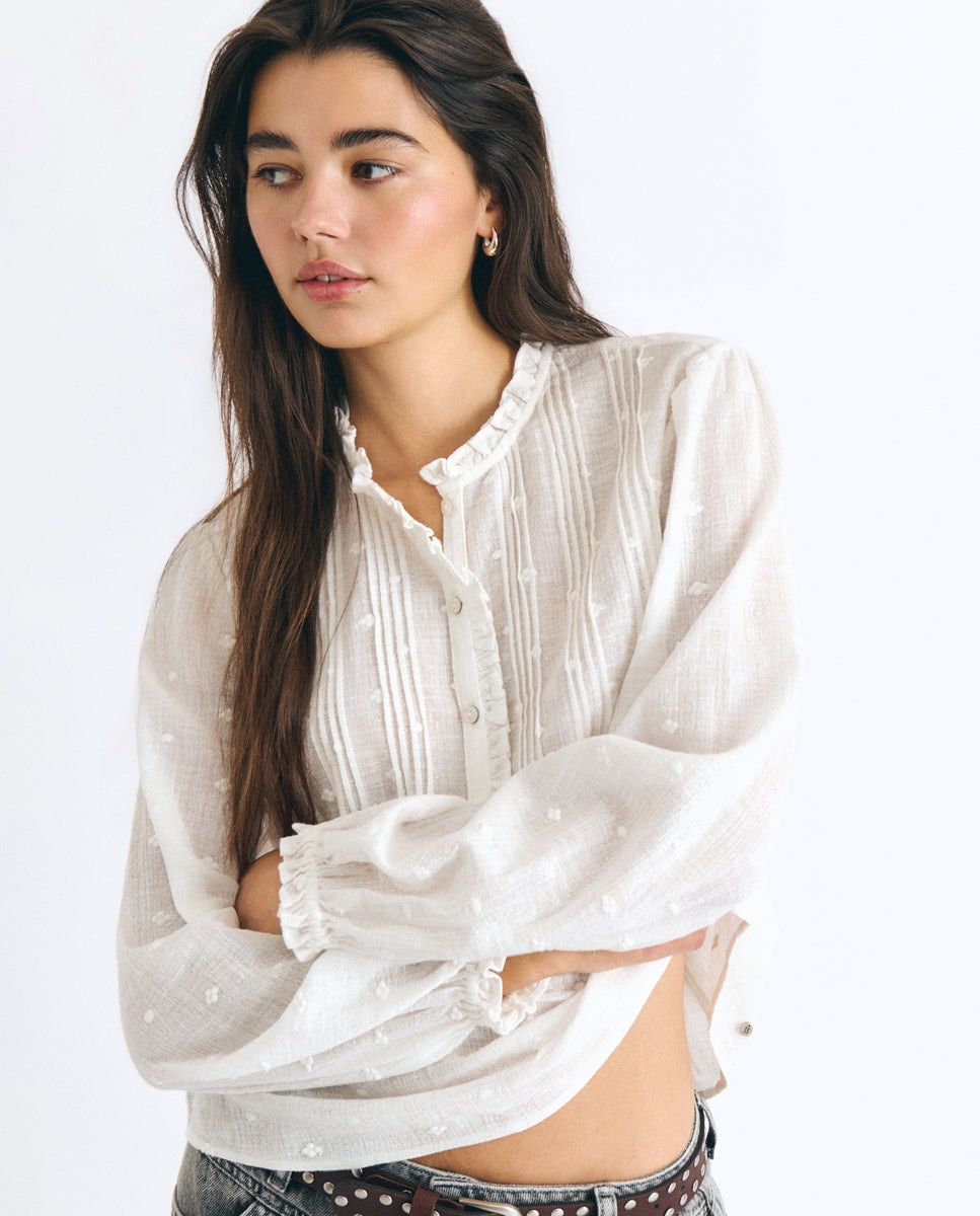 Blusa de mujer de manga larga con jaretas - Brownie - Blanco Blanco-3