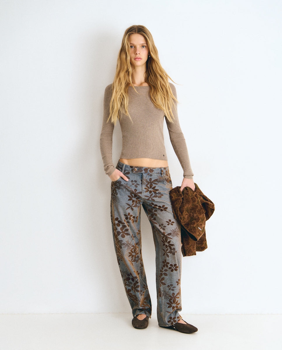 Vaquero recto de mujer con tejido jacquard de flores - Brownie - Azul Azul-1
