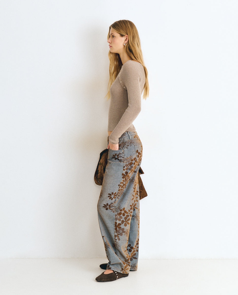 Vaquero recto de mujer con tejido jacquard de flores - Brownie - Azul Azul-2