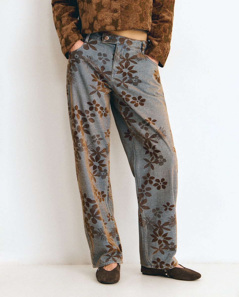 Vaquero recto de mujer con tejido jacquard de flores - Brownie - Azul Azul-3