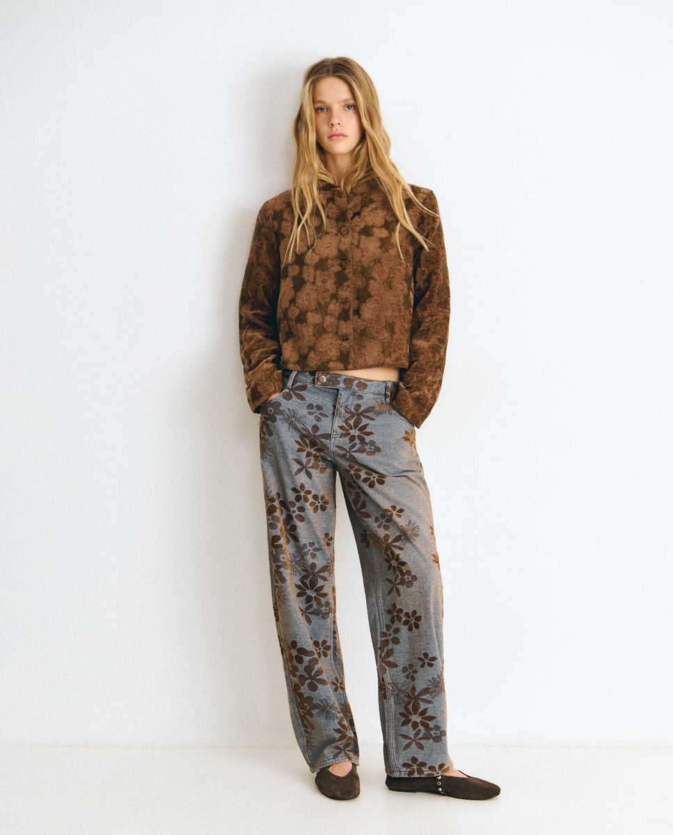 Vaquero recto de mujer con tejido jacquard de flores - Brownie - Azul Azul-4