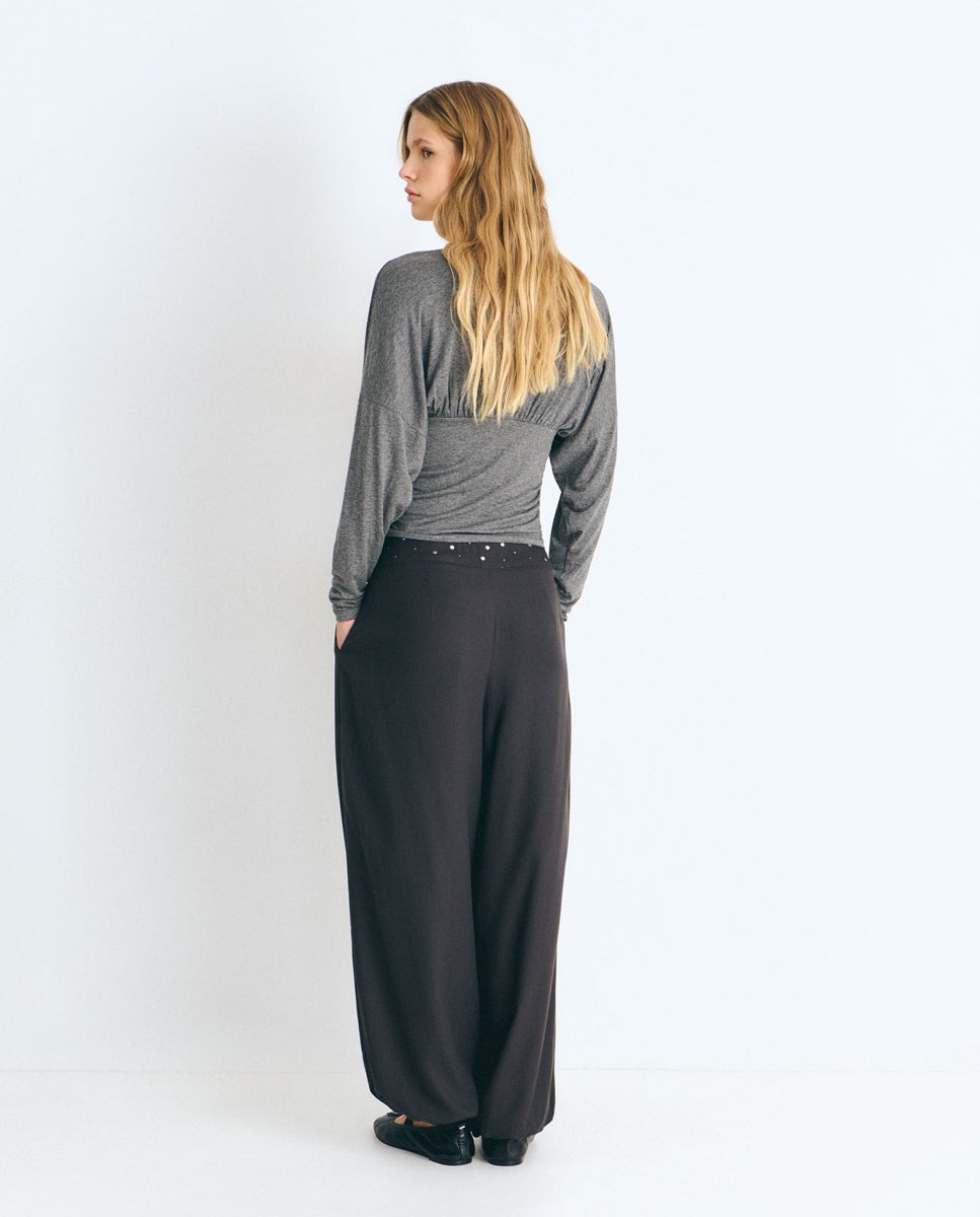 Pantalón ancho de mujer con tachas en la cintura - Brownie - Antracita Antracita-2