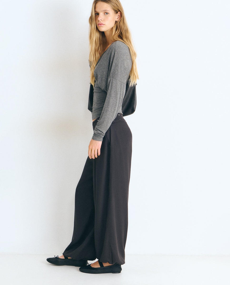 Pantalón ancho de mujer con tachas en la cintura - Brownie - Antracita Antracita-4