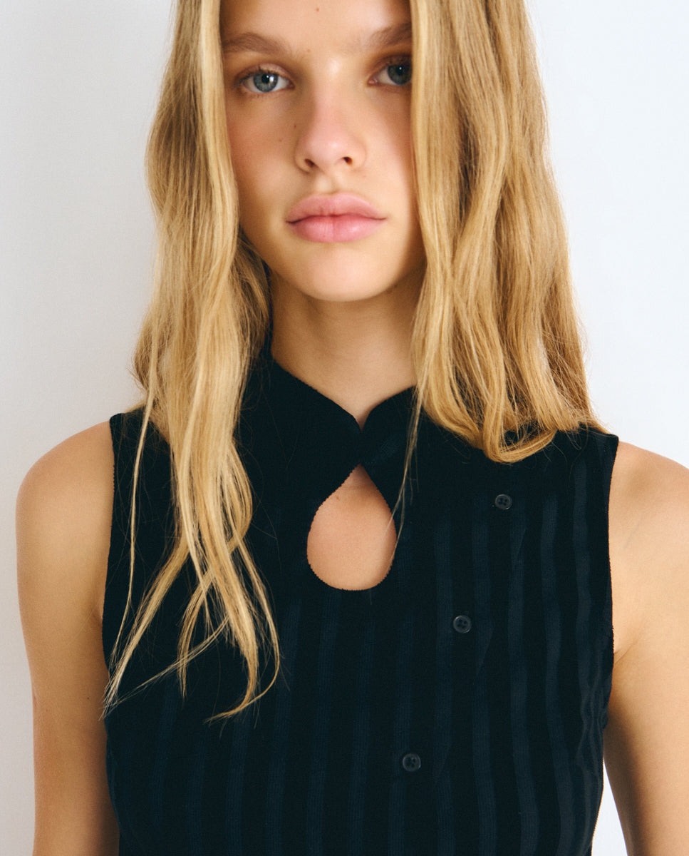 Top de mujer de rayas de pana con botones - Brownie - Negro Negro-4