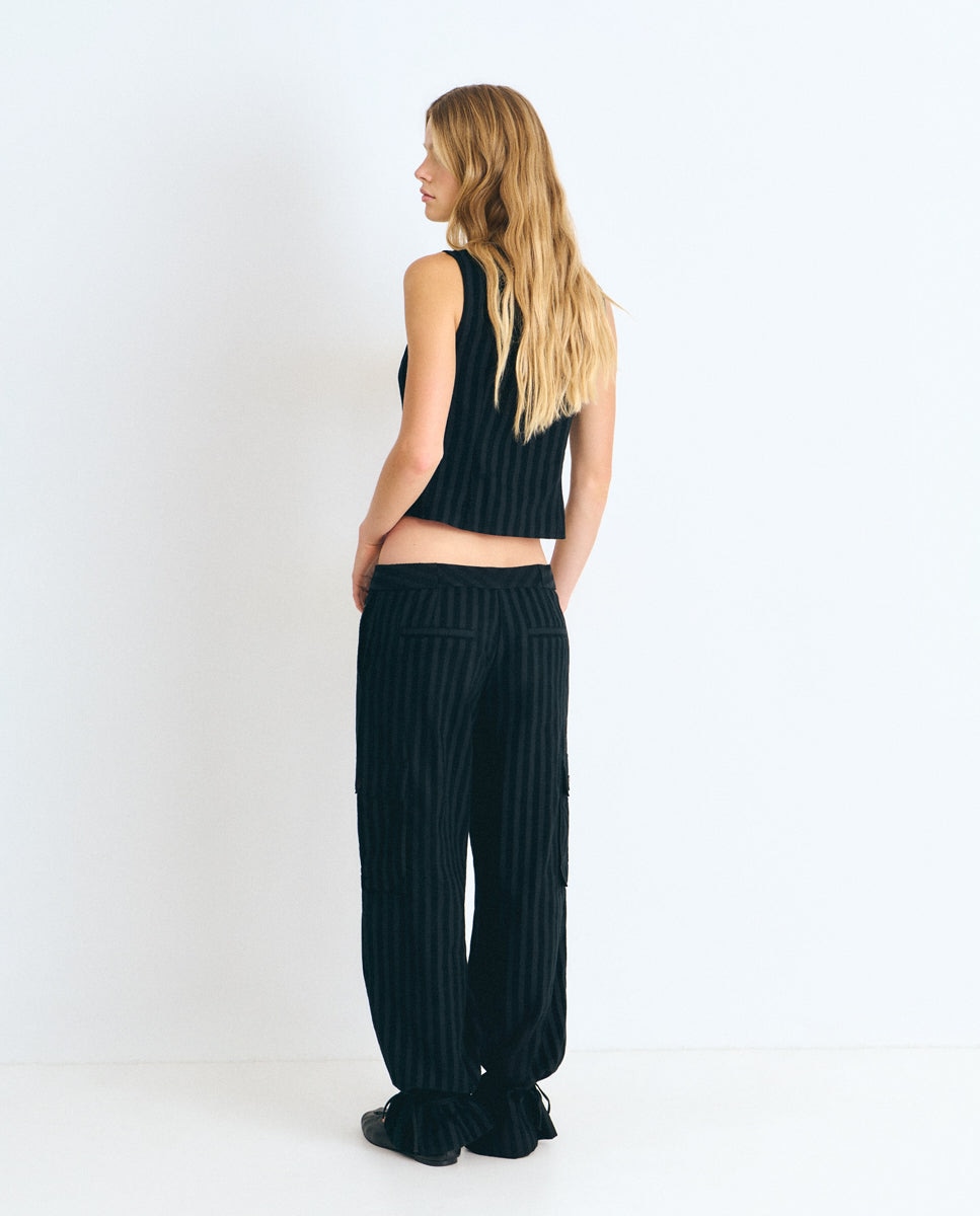 Pantalón ancho de mujer estilo cargo de rayas de pana - Brownie - Negro Negro-2