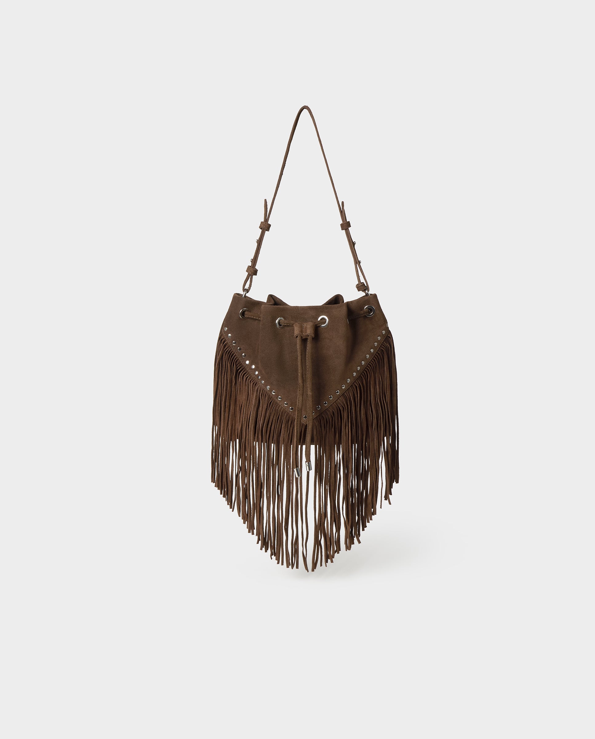 Bolso de hombro de mujer tipo saco con flecos - Brownie - Marrón Marrón-1