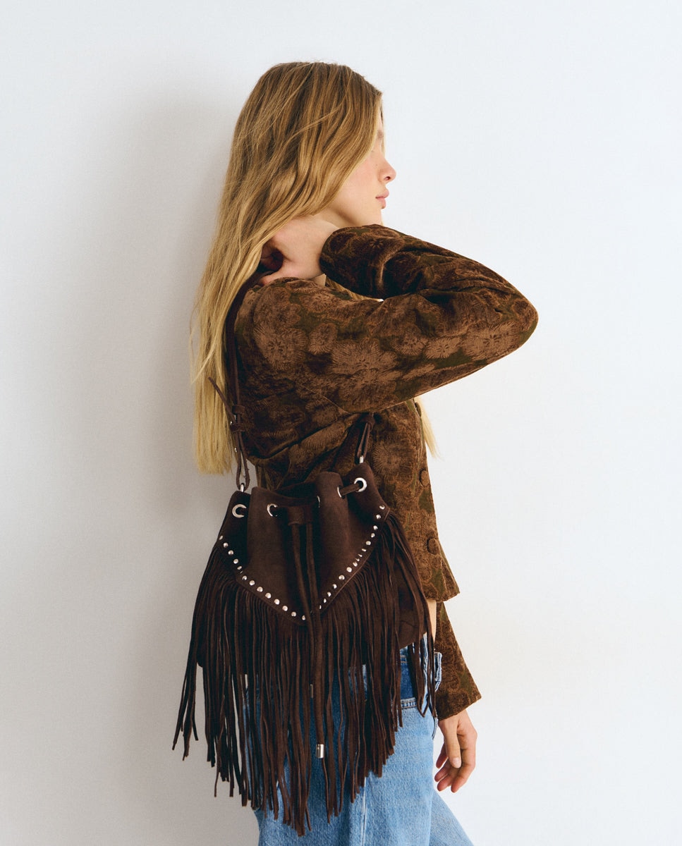 Bolso de hombro de mujer tipo saco con flecos - Brownie - Marrón Marrón-2