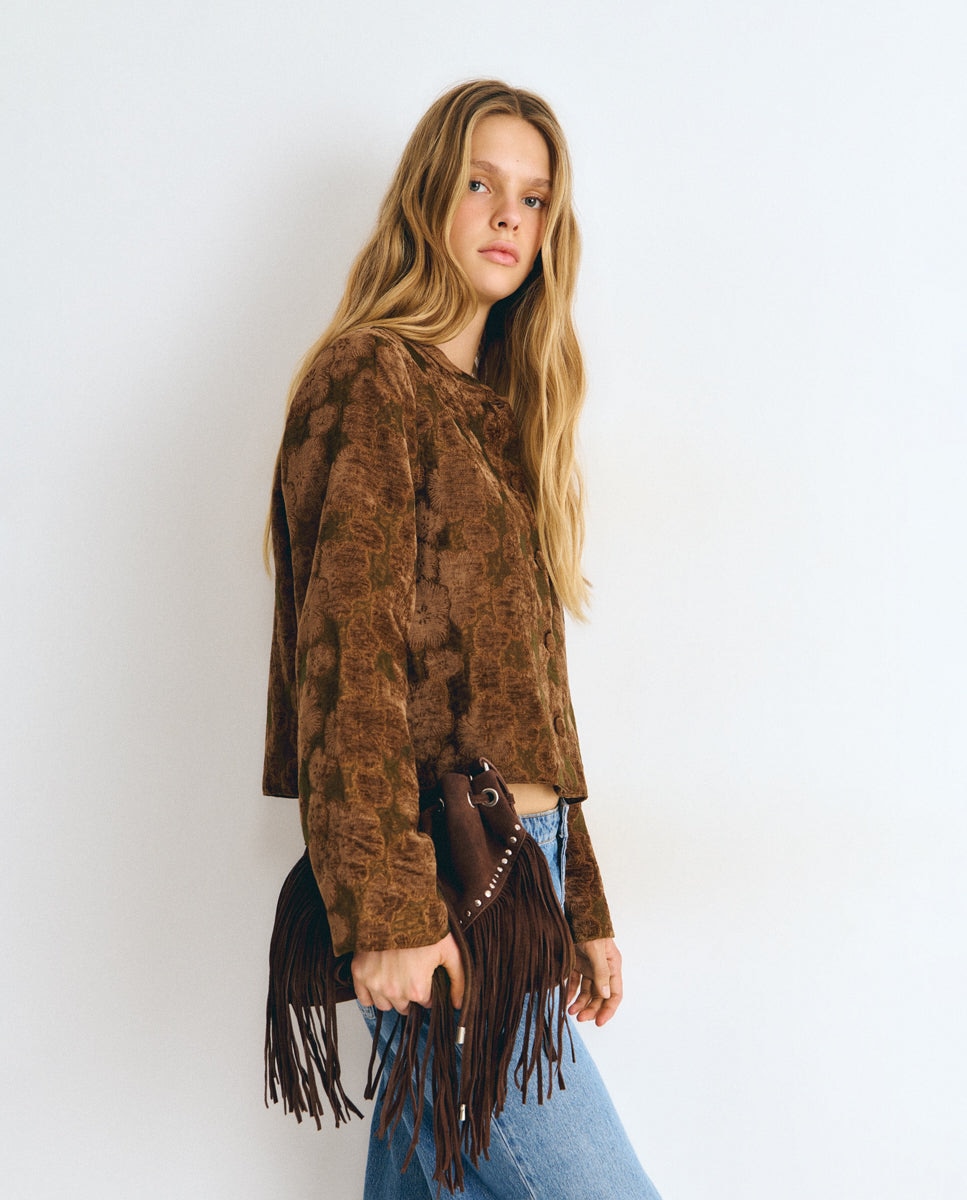 Bolso de hombro de mujer tipo saco con flecos - Brownie - Marrón Marrón-3