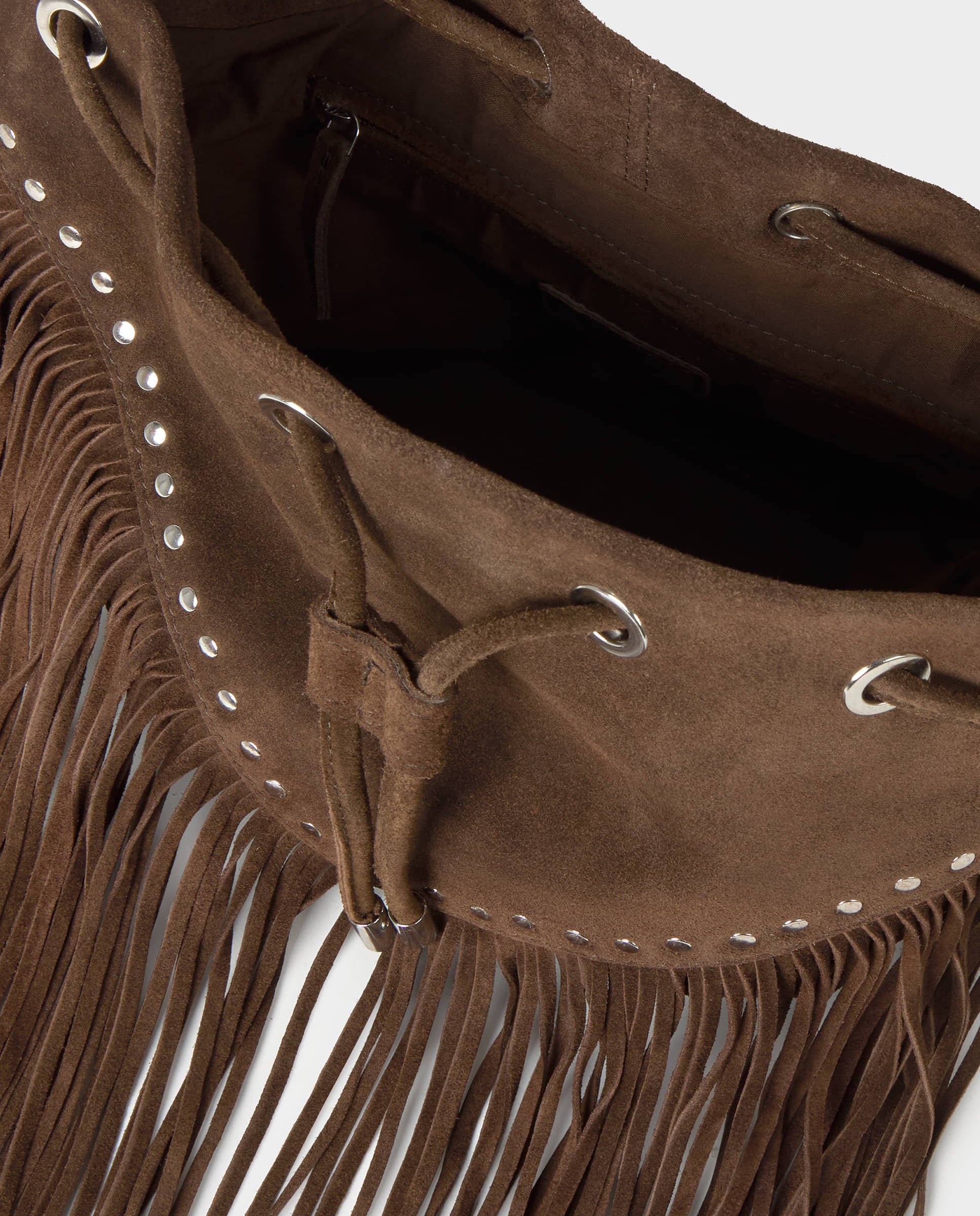 Bolso de hombro de mujer tipo saco con flecos - Brownie - Marrón Marrón-5