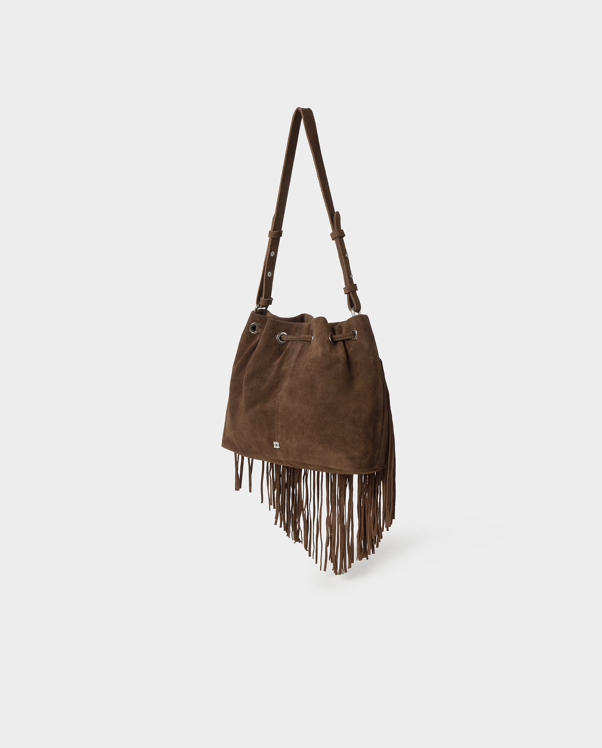 Bolso de hombro de mujer tipo saco con flecos - Brownie - Marrón Marrón-4