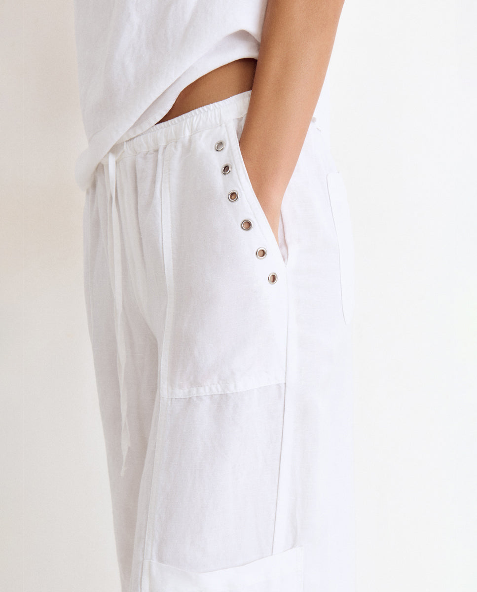 Pantalón ancho de mujer de lino con tachas - Brownie - Blanco Blanco-4