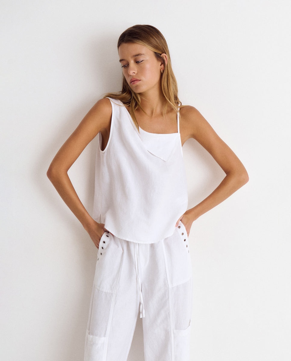 Imagen 0 de Top de mujer de lino con solapa Blanco