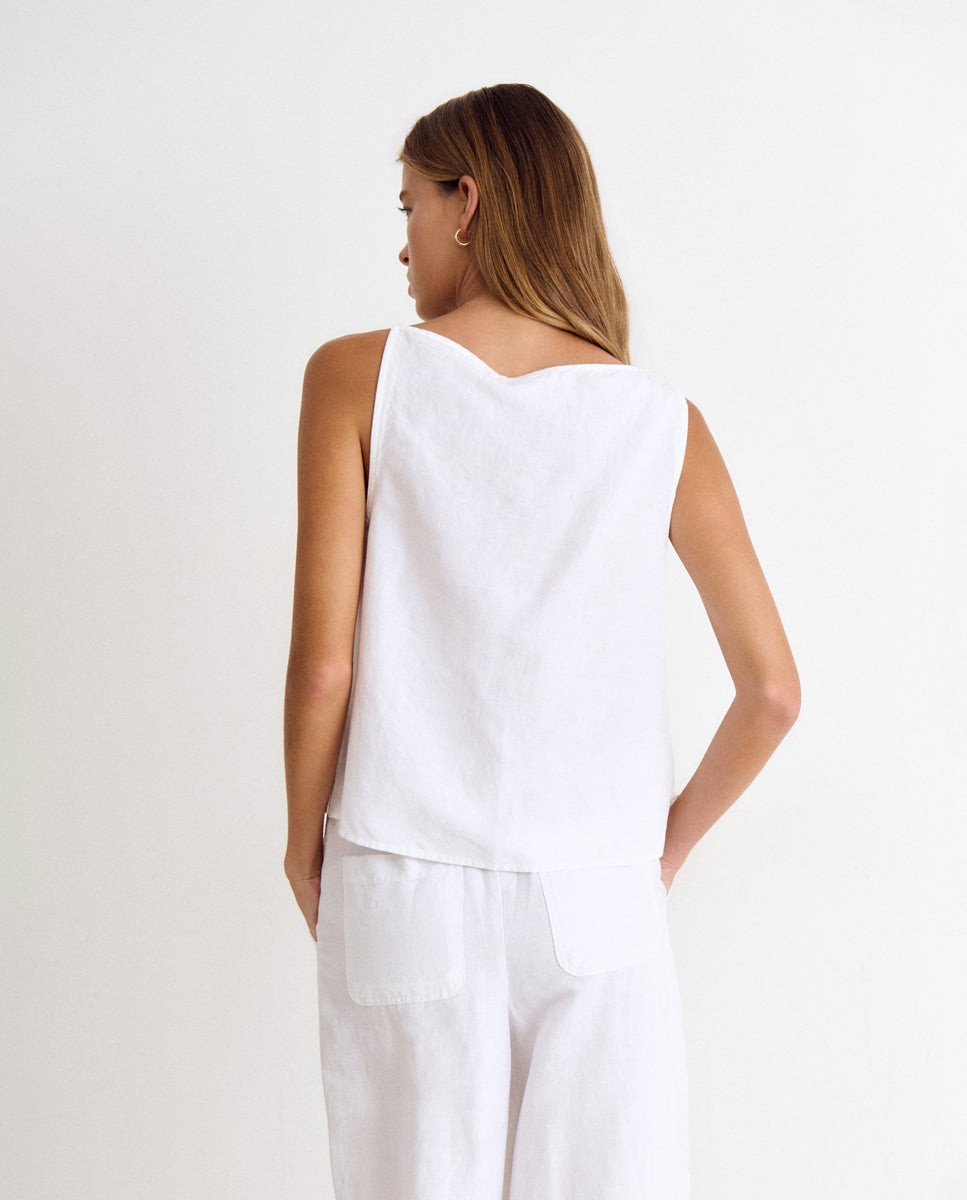 Top de mujer de lino con solapa - Brownie - Blanco Blanco-2
