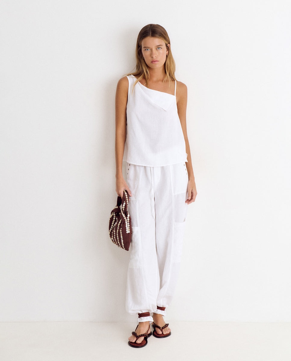 Top de mujer de lino con solapa - Brownie - Blanco Blanco-3