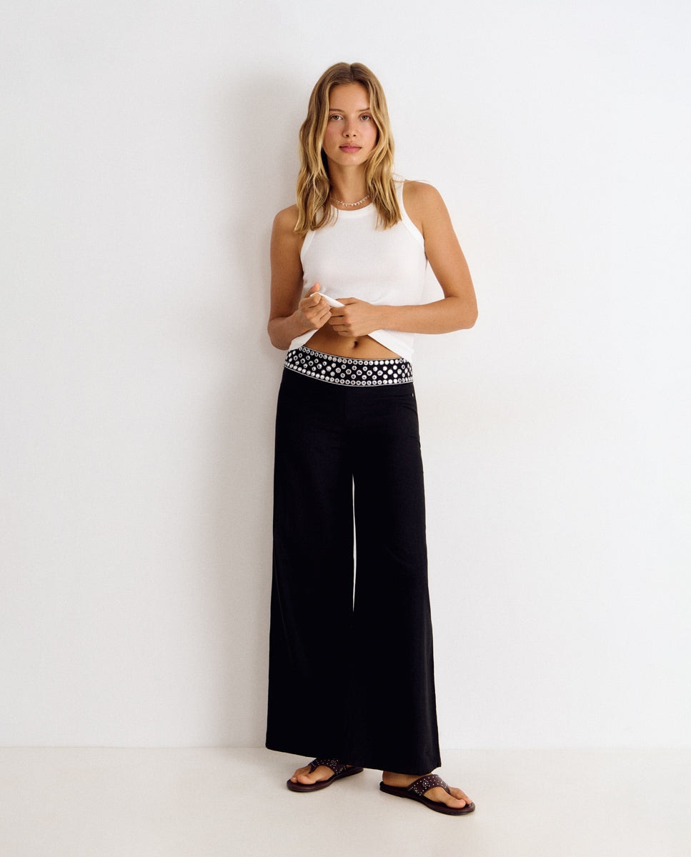 Pantalón ancho de mujer y cintura con espejos - Brownie - Negro Negro-1