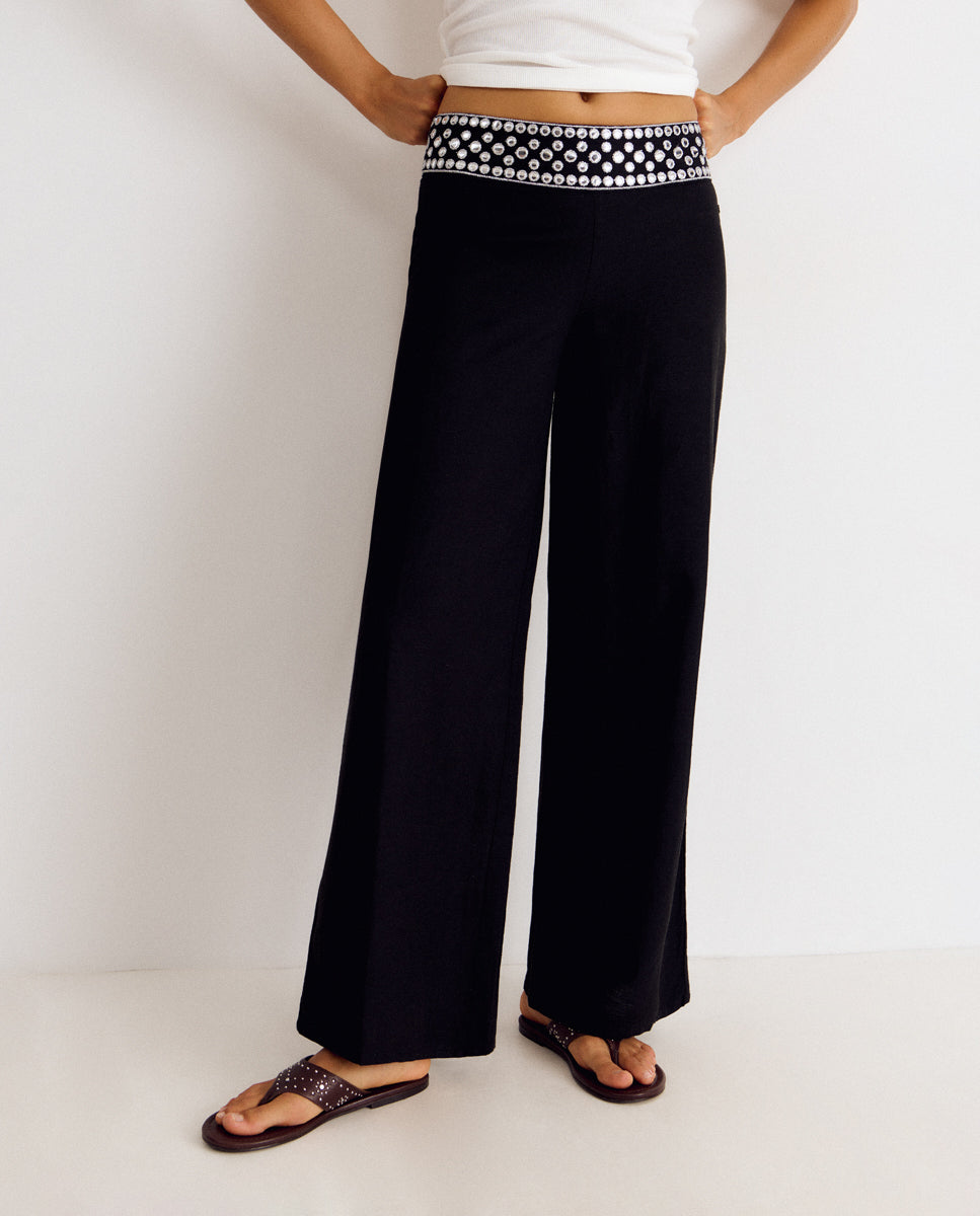 Pantalón ancho de mujer y cintura con espejos - Brownie - Negro Negro-4