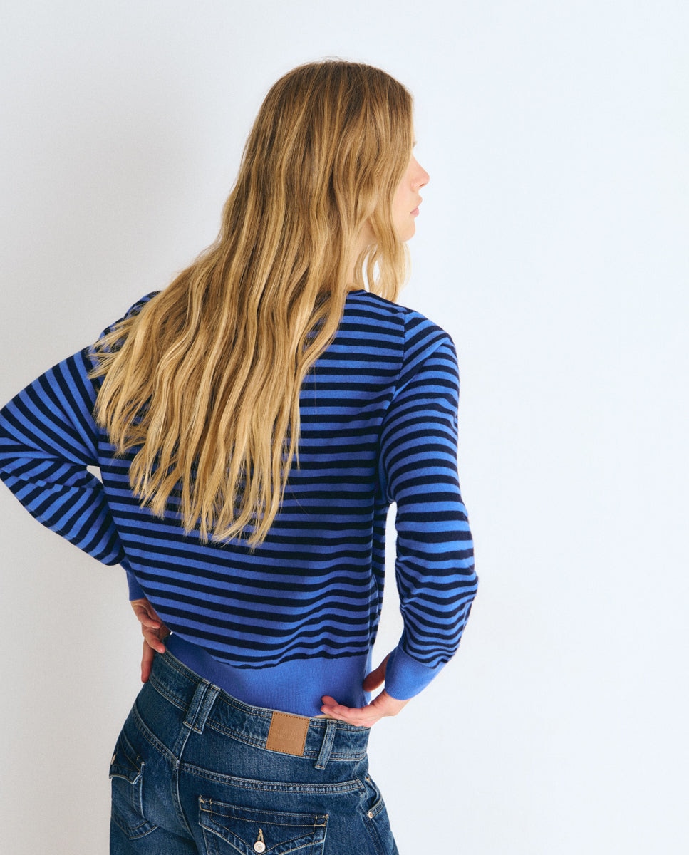 Jersey de mujer de rayas con cuello abierto - Brownie - Azul Azul-2